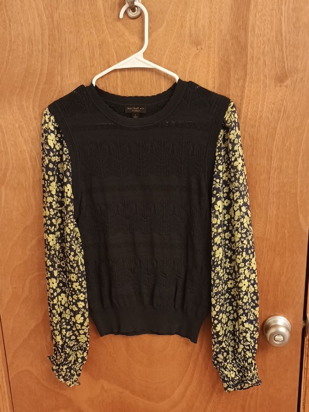 Anthropology Current Air Navy Blue Knit Sweater with Yellow Floral Sheer Sleeves
